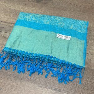 PASHMINA Silk Scarf Turquoise and Blue with Tassels 26" x 70" Wrap